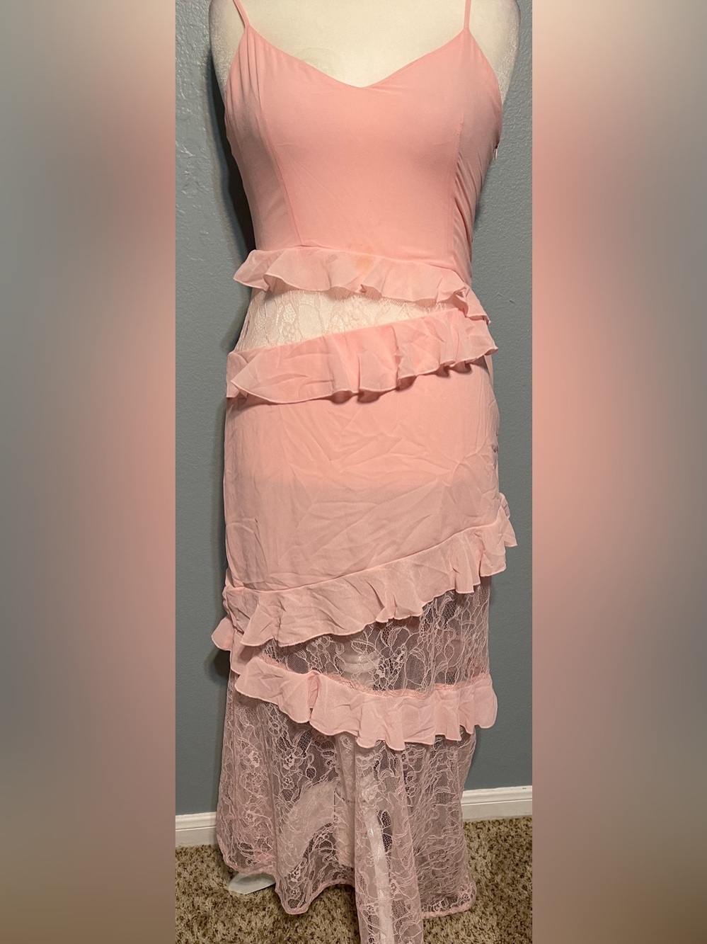 Forever 21 Pink Lace Ruffle Maxi Dress Sheer Slip Fairycore Coquette Y2K Large